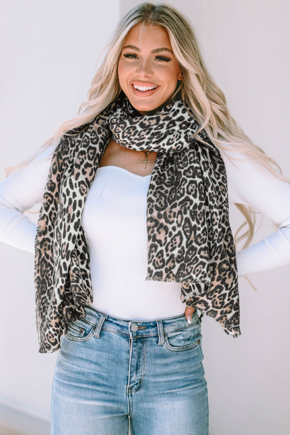 Leopard Print Raw Edge Soft Shawl Scarf