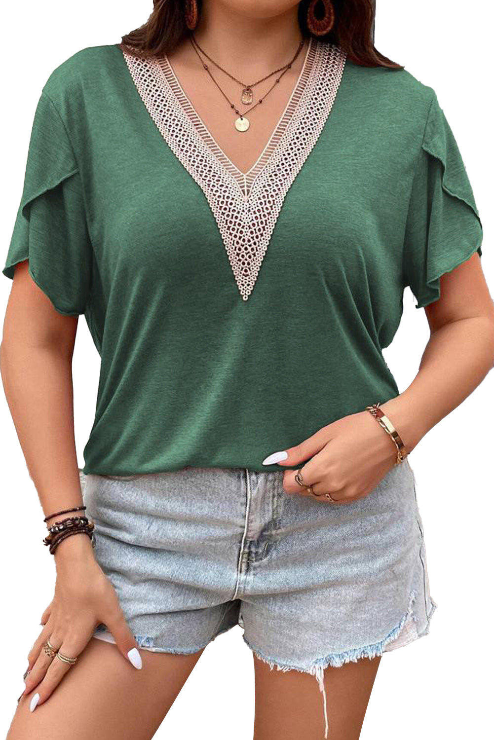 Blackish Green Plus Size Contrast V Neck Draped Sleeve Blouse