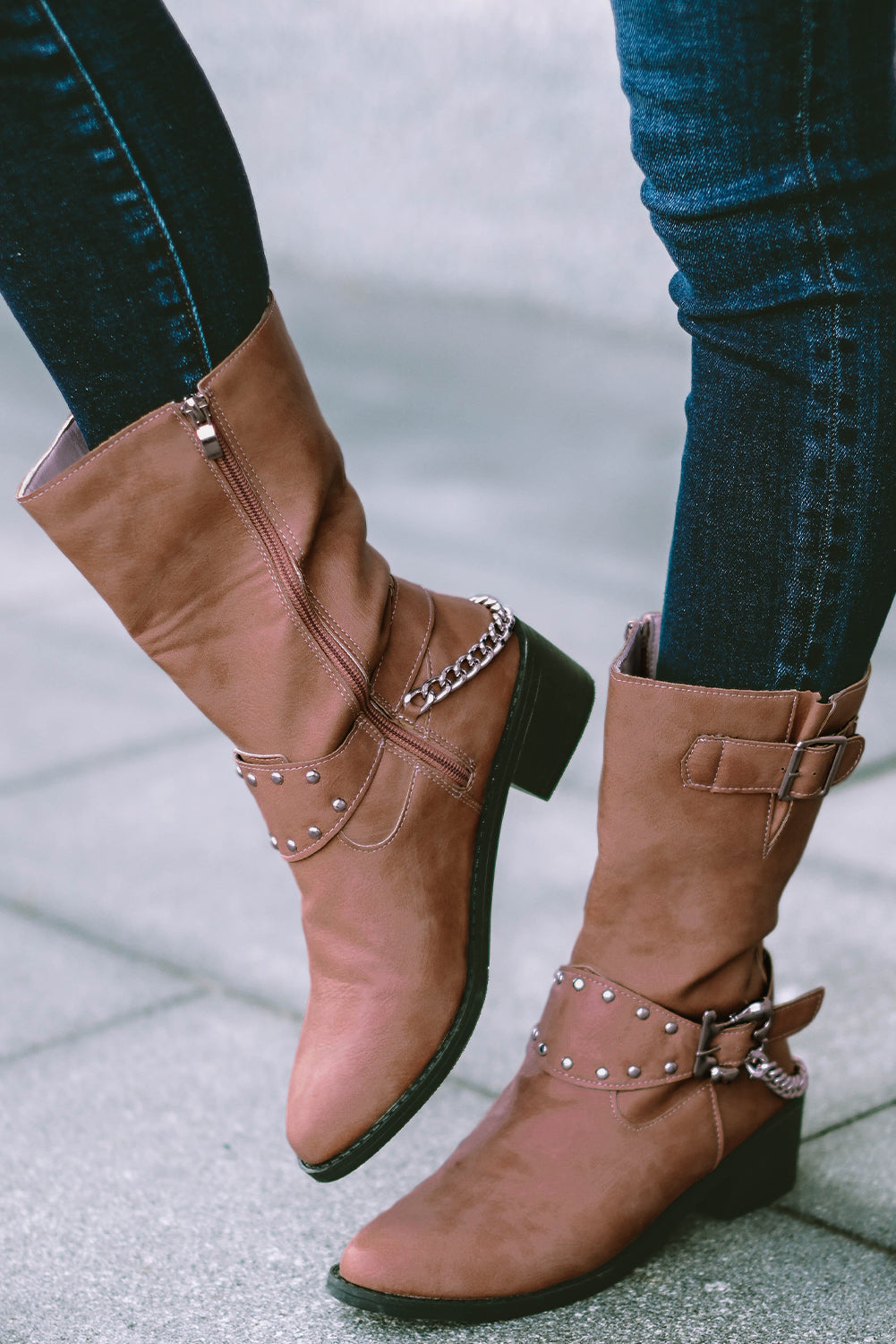 Apricot Pink Buckle Chain Decor Zipped Boots