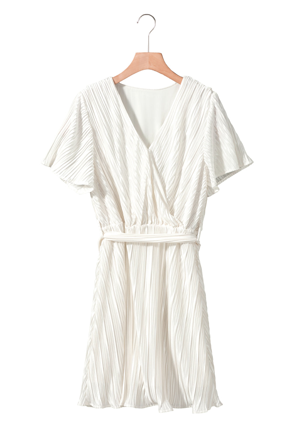 White Flutter Sleeve Wrapped Pleated Sashed Short Dress