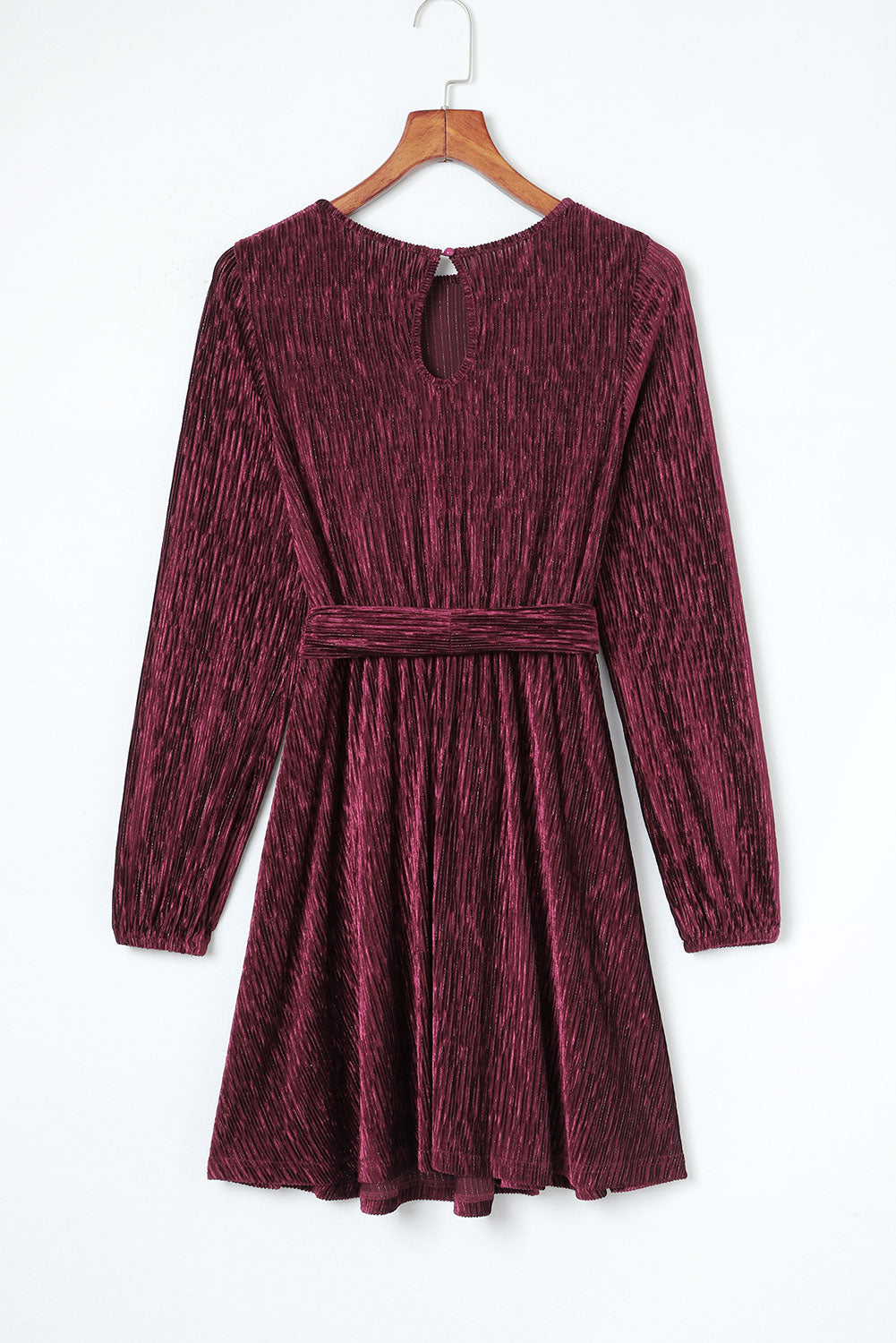 Red Crinkled Velvet Belted Puff Sleeve Mini Dress