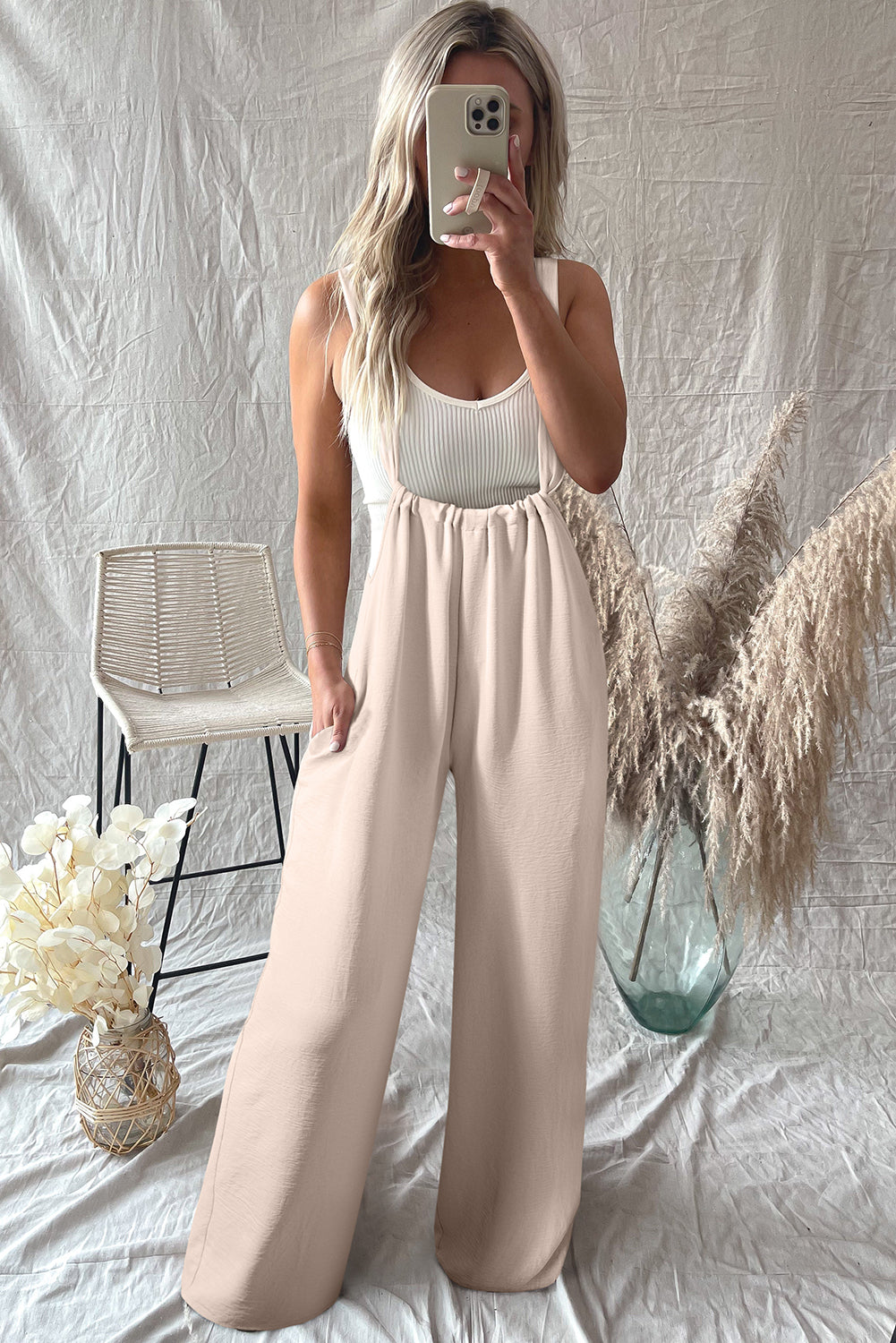 Parchment Wide Strap Ruched Knot Back Wide Leg Overall