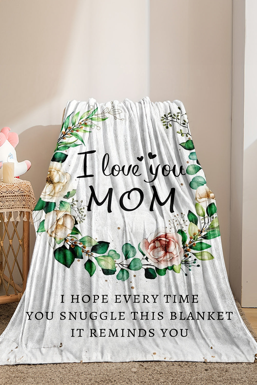 White I Love You MOM Floral Print Large Blanket 130*150cm