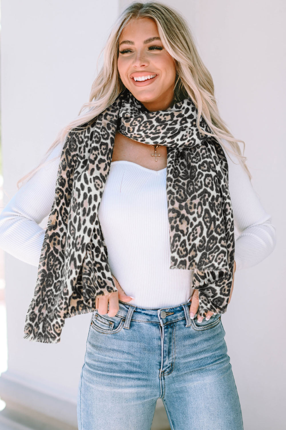 Leopard Print Raw Edge Soft Shawl Scarf