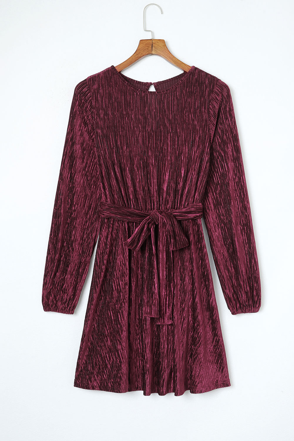 Red Crinkled Velvet Belted Puff Sleeve Mini Dress