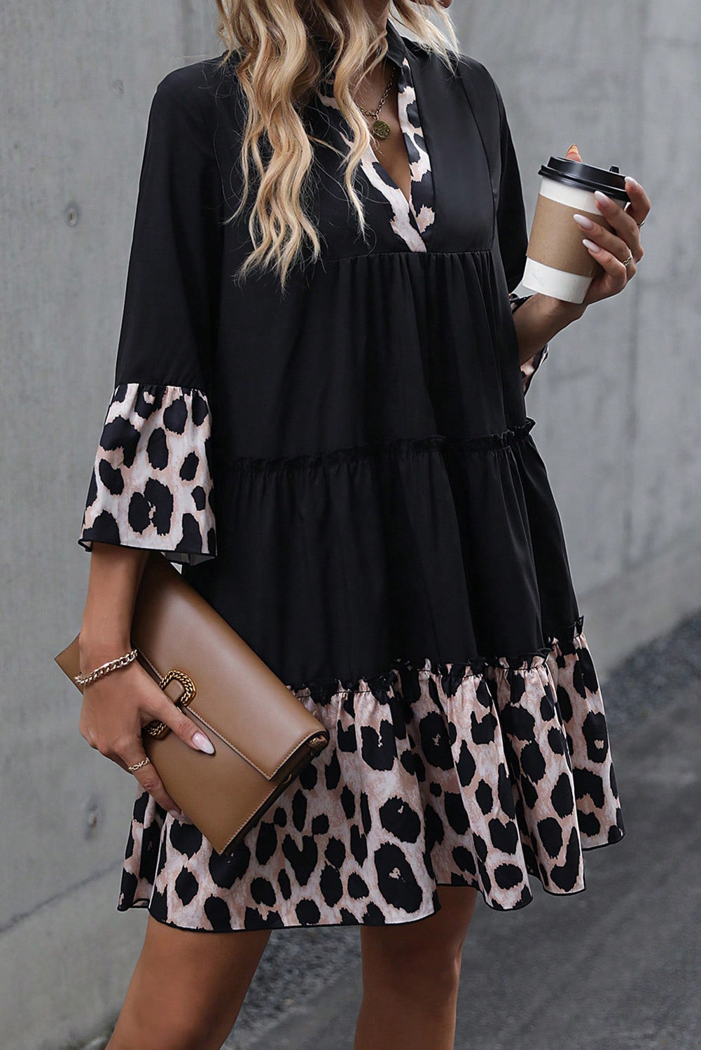 Black Leopard Trim V Neck Ruffled Sleeve Flared Dress