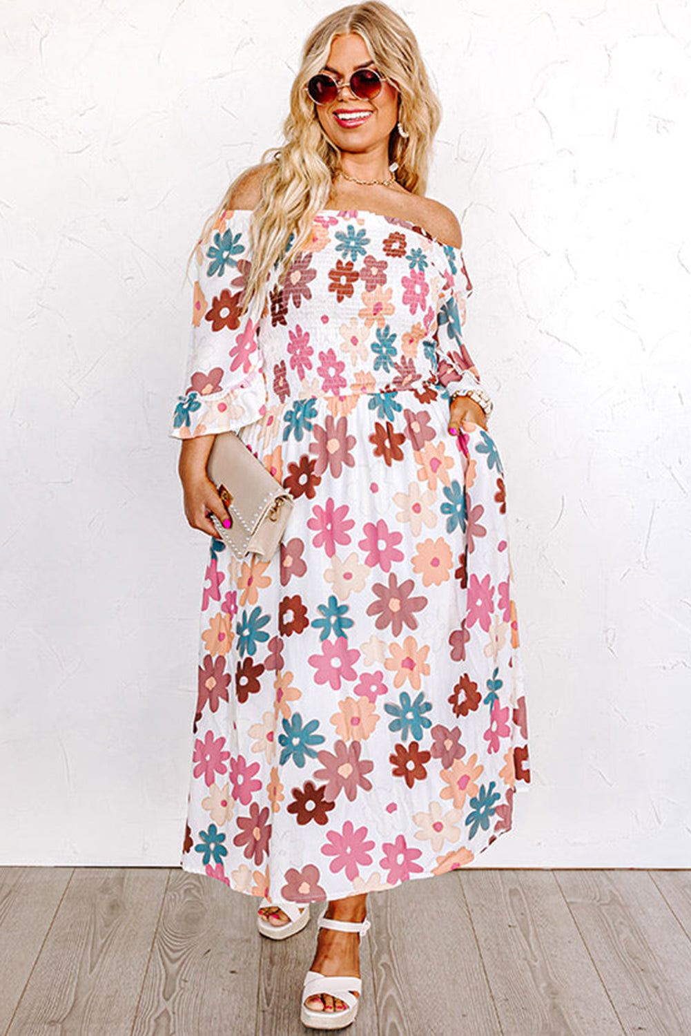 White Plus Size 60s Flower Print Smocked Off Shoulder Dress