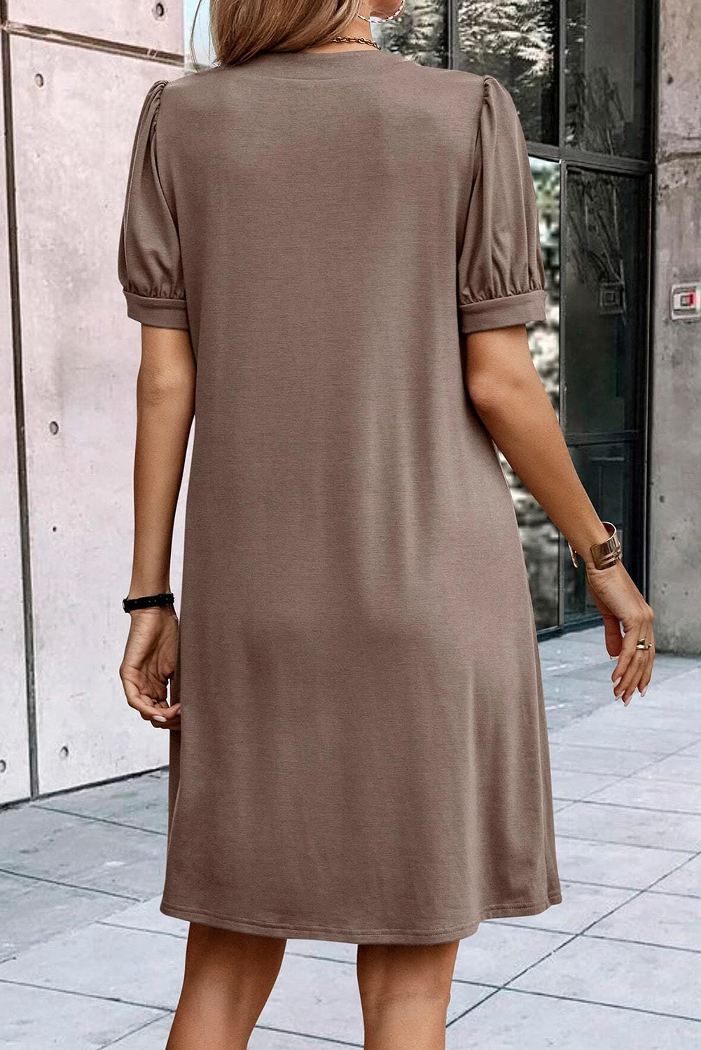 Fern Green Notched Neck Pleated Puff Sleeve Shift T-shirt Dress