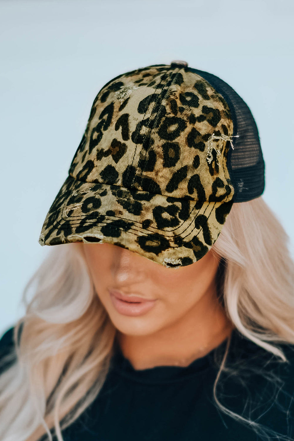 Black Leopard Printed Mesh Splicing Baseball Cap