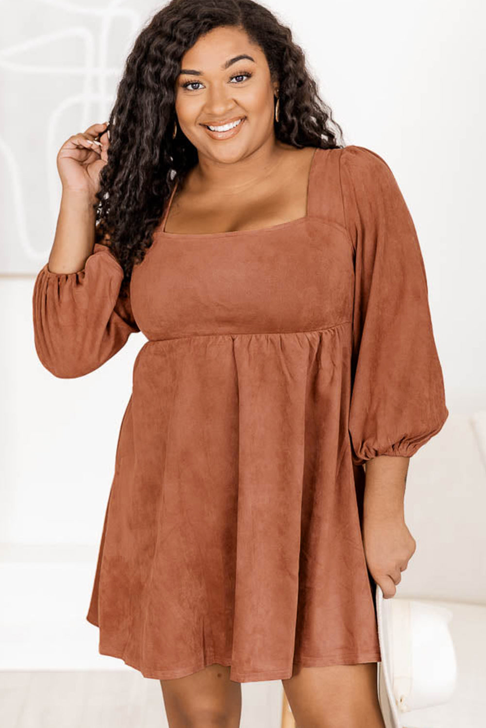 Chestnut Plus Size Suede Square Neck Balloon Sleeve Dress