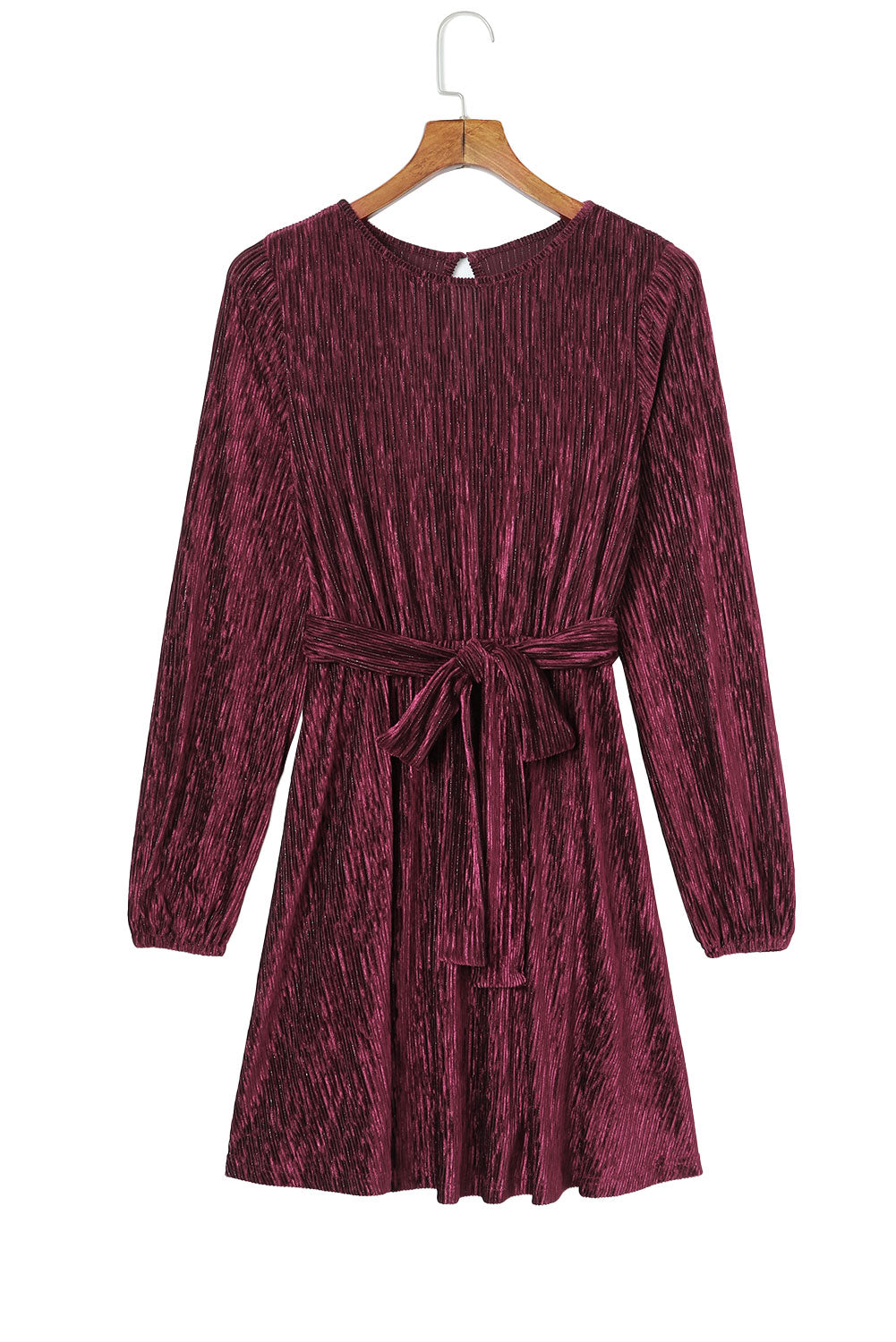 Red Crinkled Velvet Belted Puff Sleeve Mini Dress