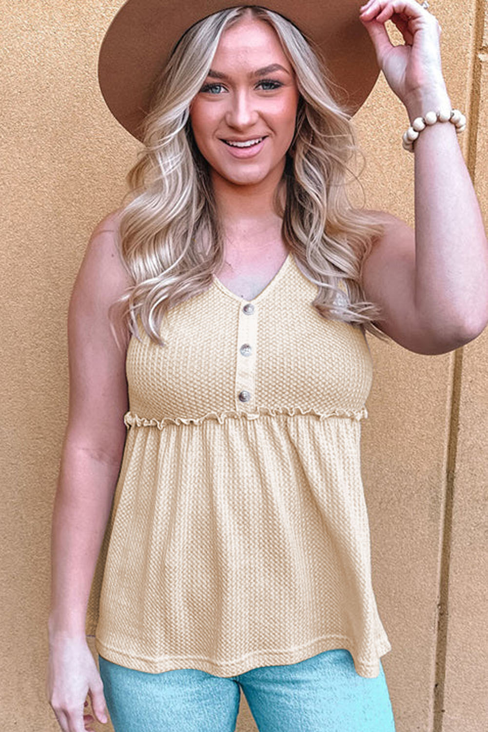 Oatmeal Button V Neck Textured Babydoll Plus Size Vest