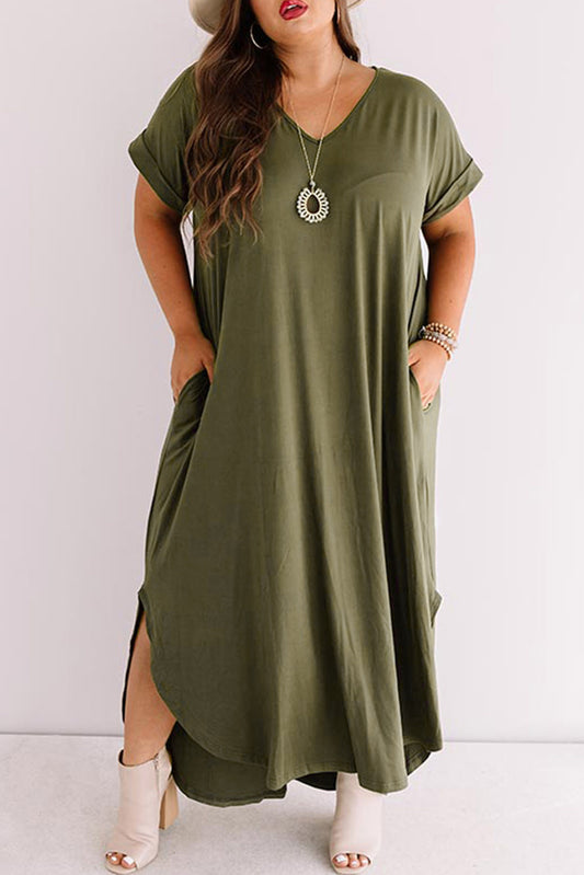 Green V Neck Rolled Cuffs Plus Size Maxi Dress