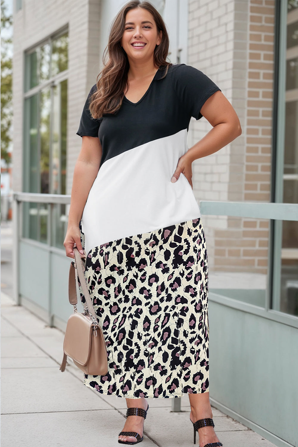 Black Leopard Color Block V Neck Plus Size Maxi Dress