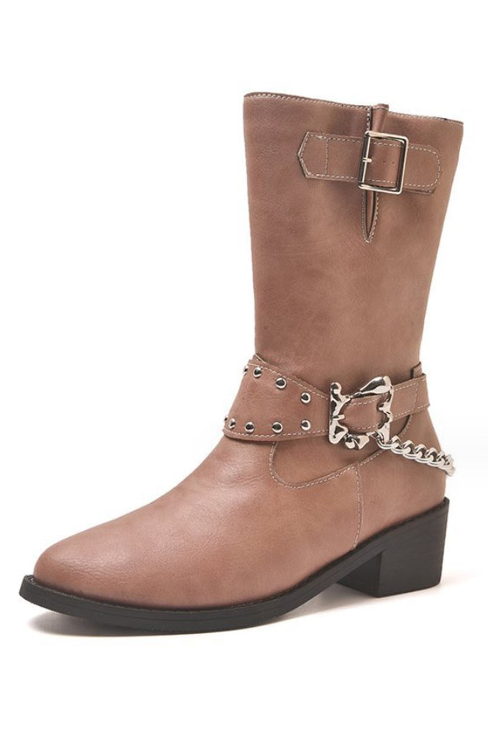 Apricot Pink Buckle Chain Decor Zipped Boots