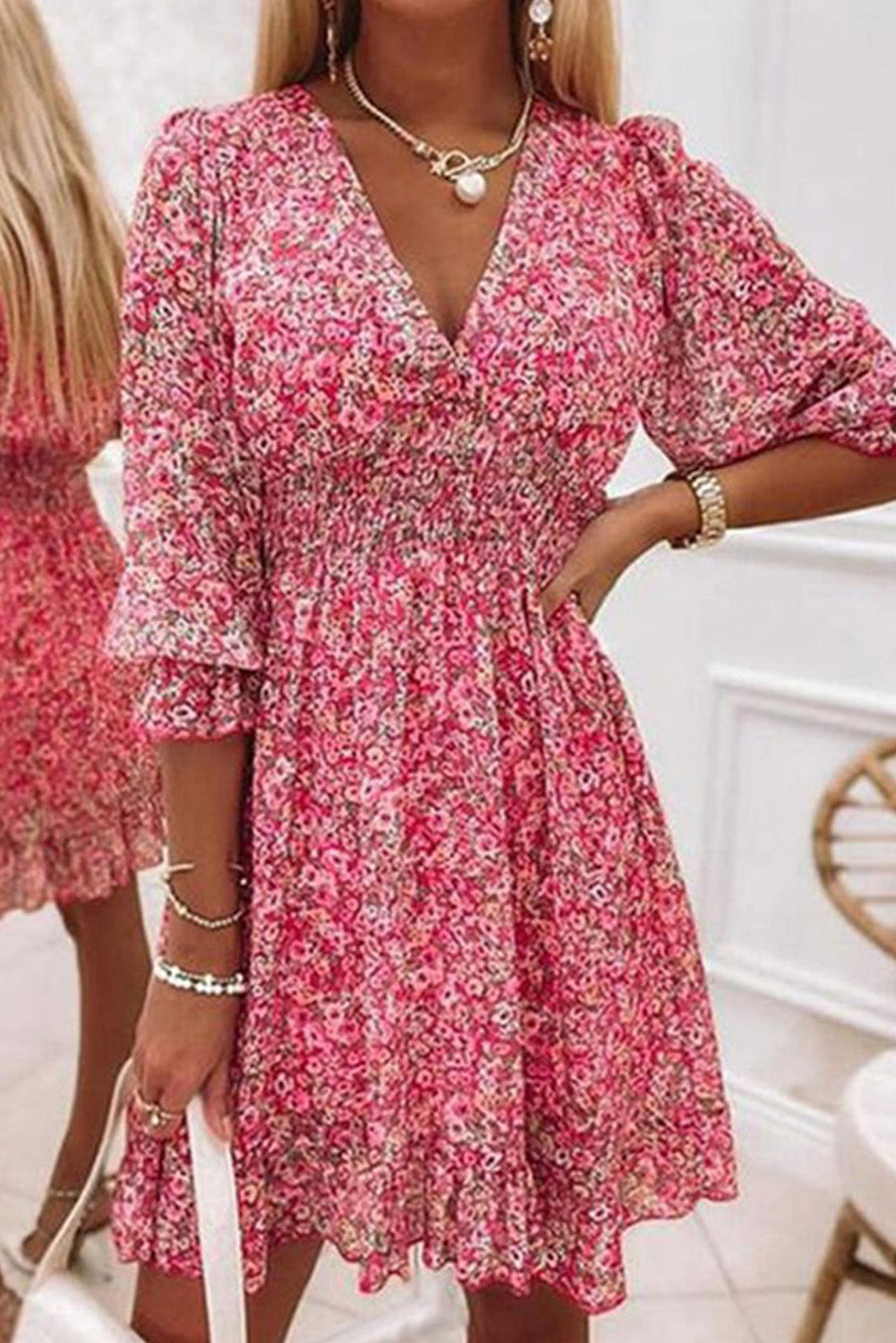 Red Boho Deep V Neck Floral Short Ruffle Dress