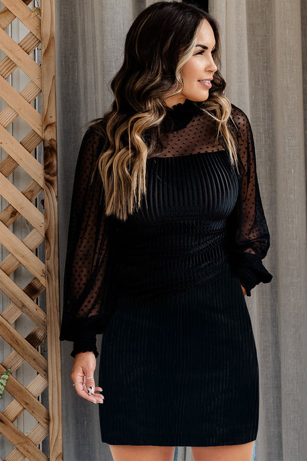 Black Dotted Mesh Striped Frilled Neck Bubble Sleeve Dress