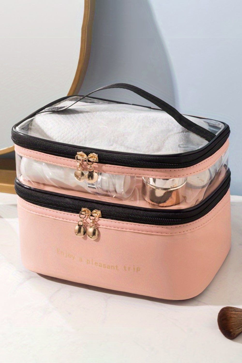 Beige Waterproof PVC Double Layer Cosmetic Bag