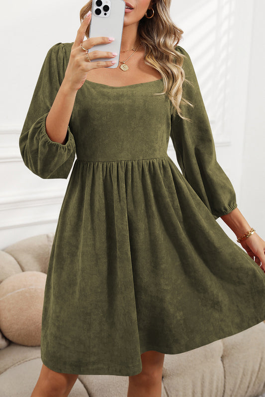 Green Washed Square Neck High Waist Flared Short Dress