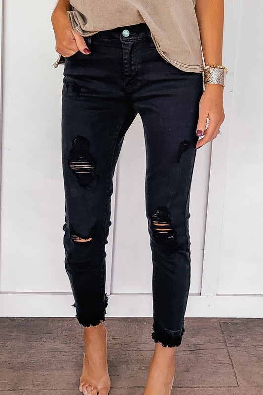 Black Distressed Raw Edge Cropped Skinny Jeans