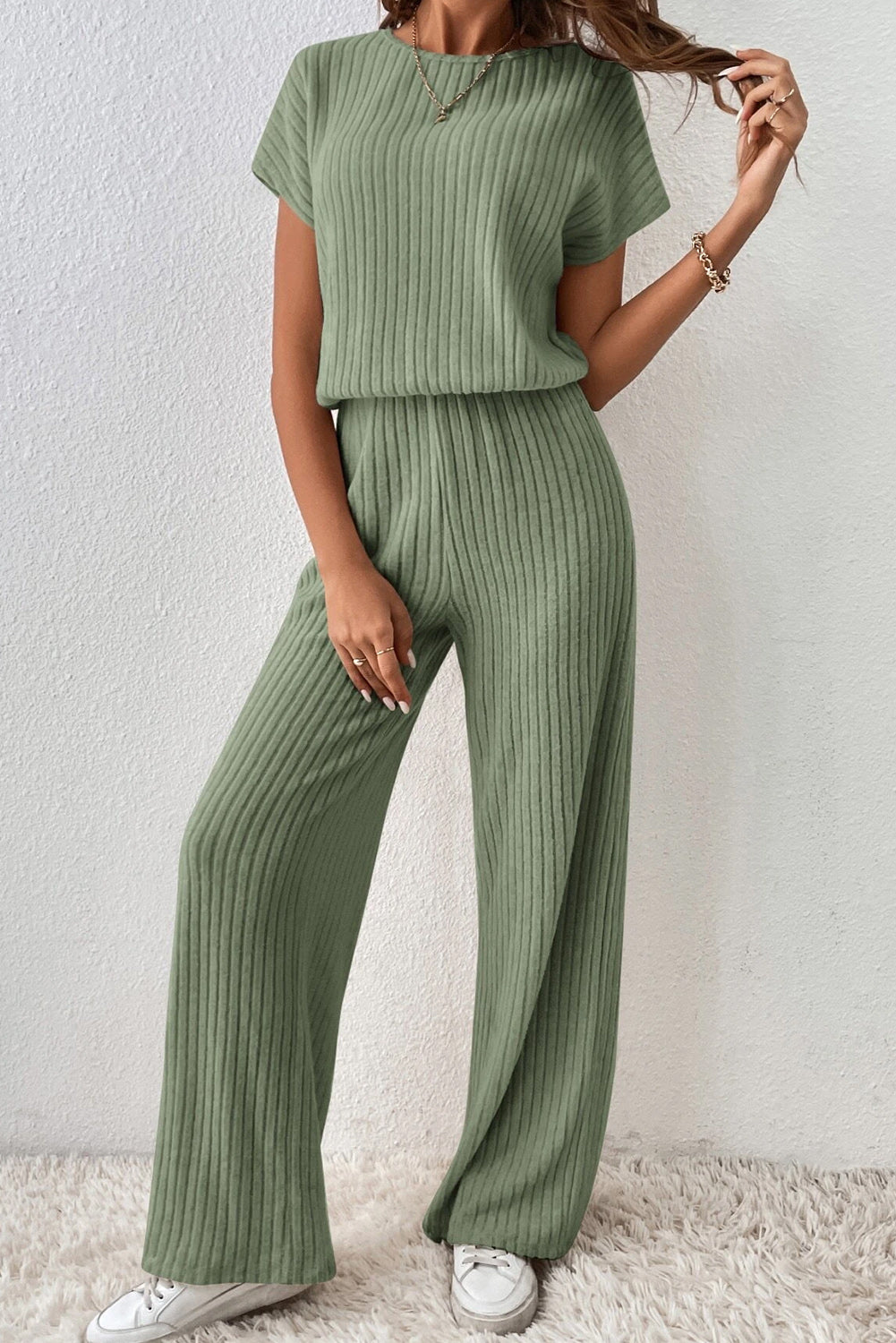 Parchment Solid Color Ribbed Short Sleeve Wide Leg Jumpsuit