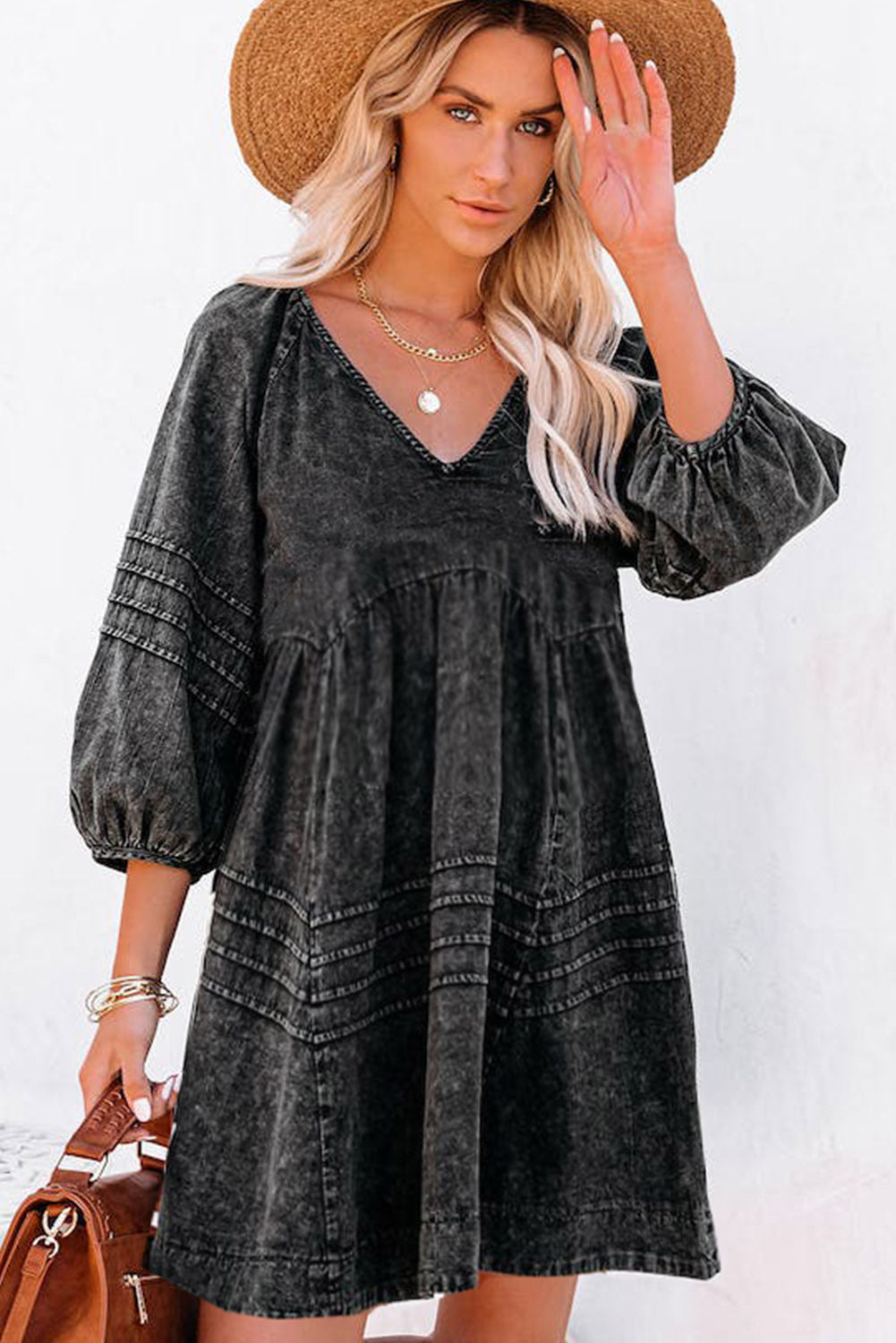 Black Dark Wash Empire Waist V Neck Denim Dress