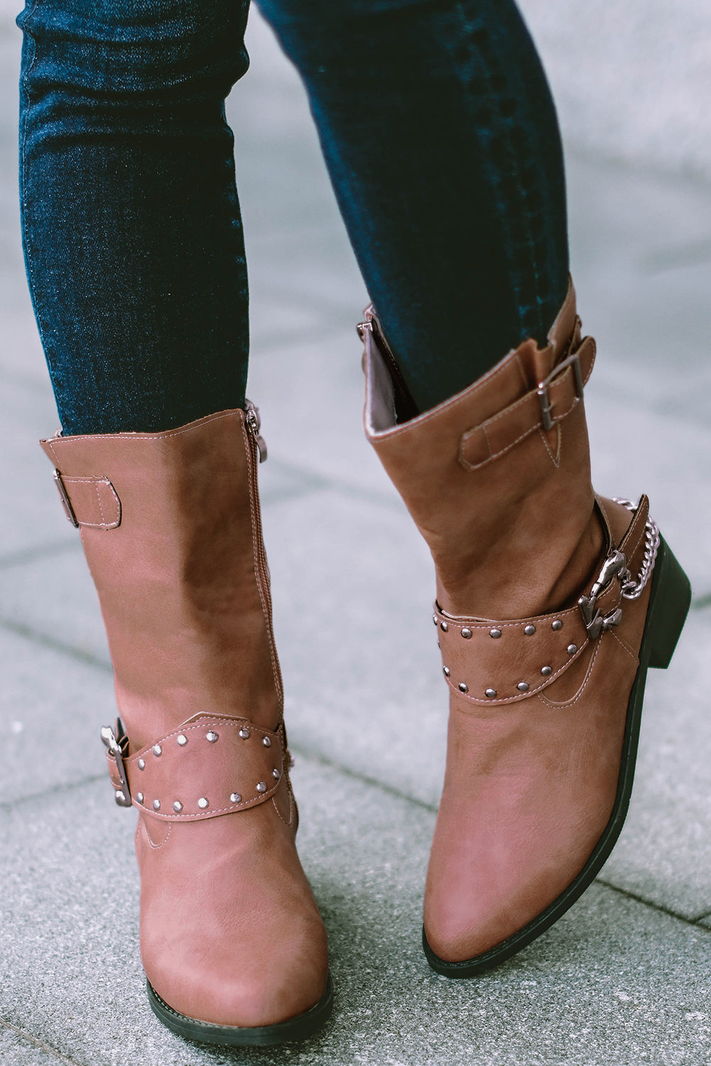 Apricot Pink Buckle Chain Decor Zipped Boots