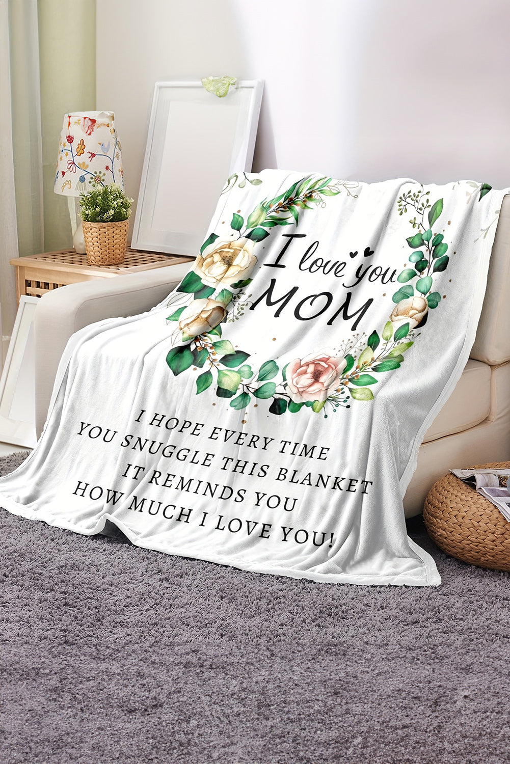 White I Love You MOM Floral Print Large Blanket 130*150cm