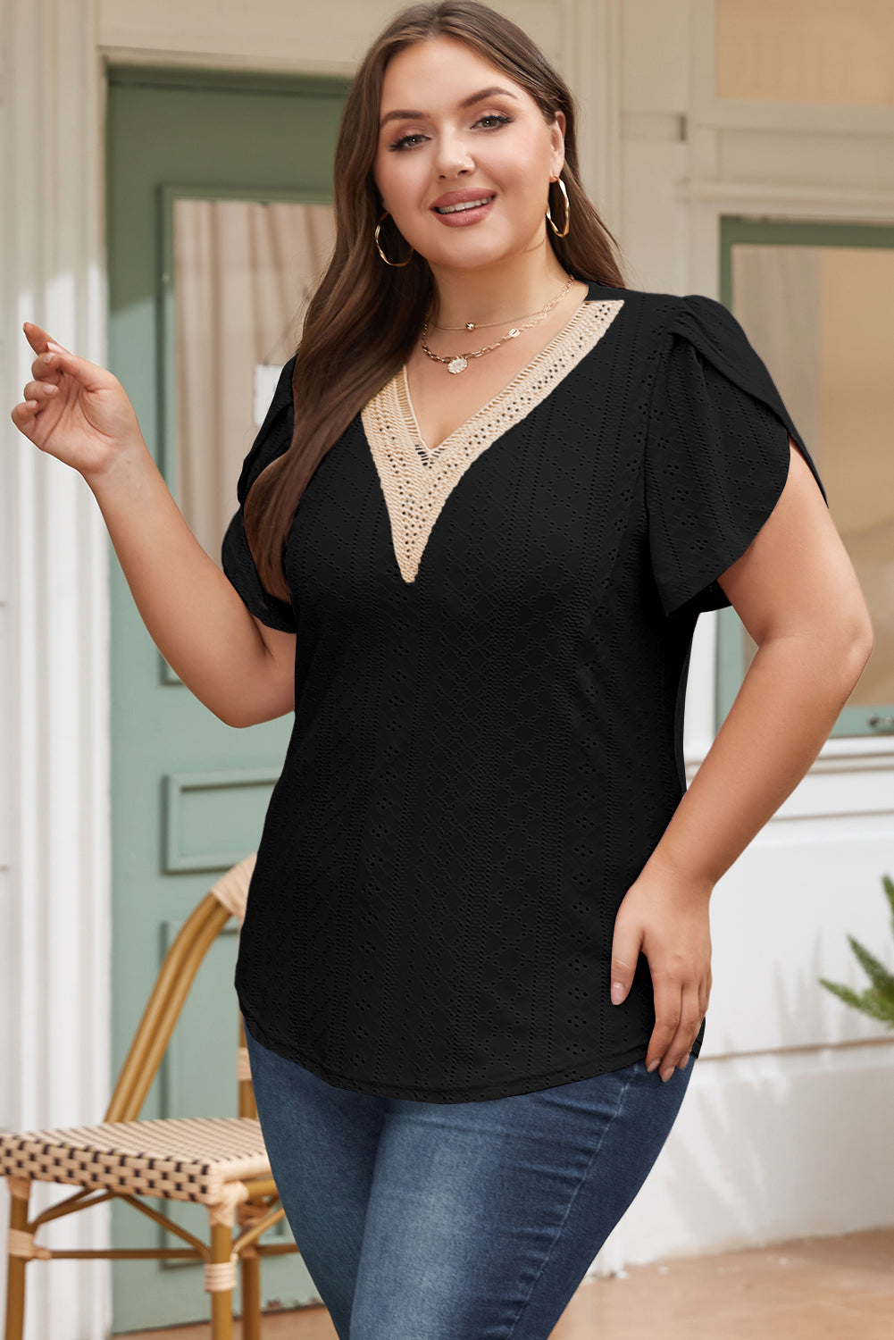 Black Guipure V Neck Plus Size Eyelet Embroidered Top