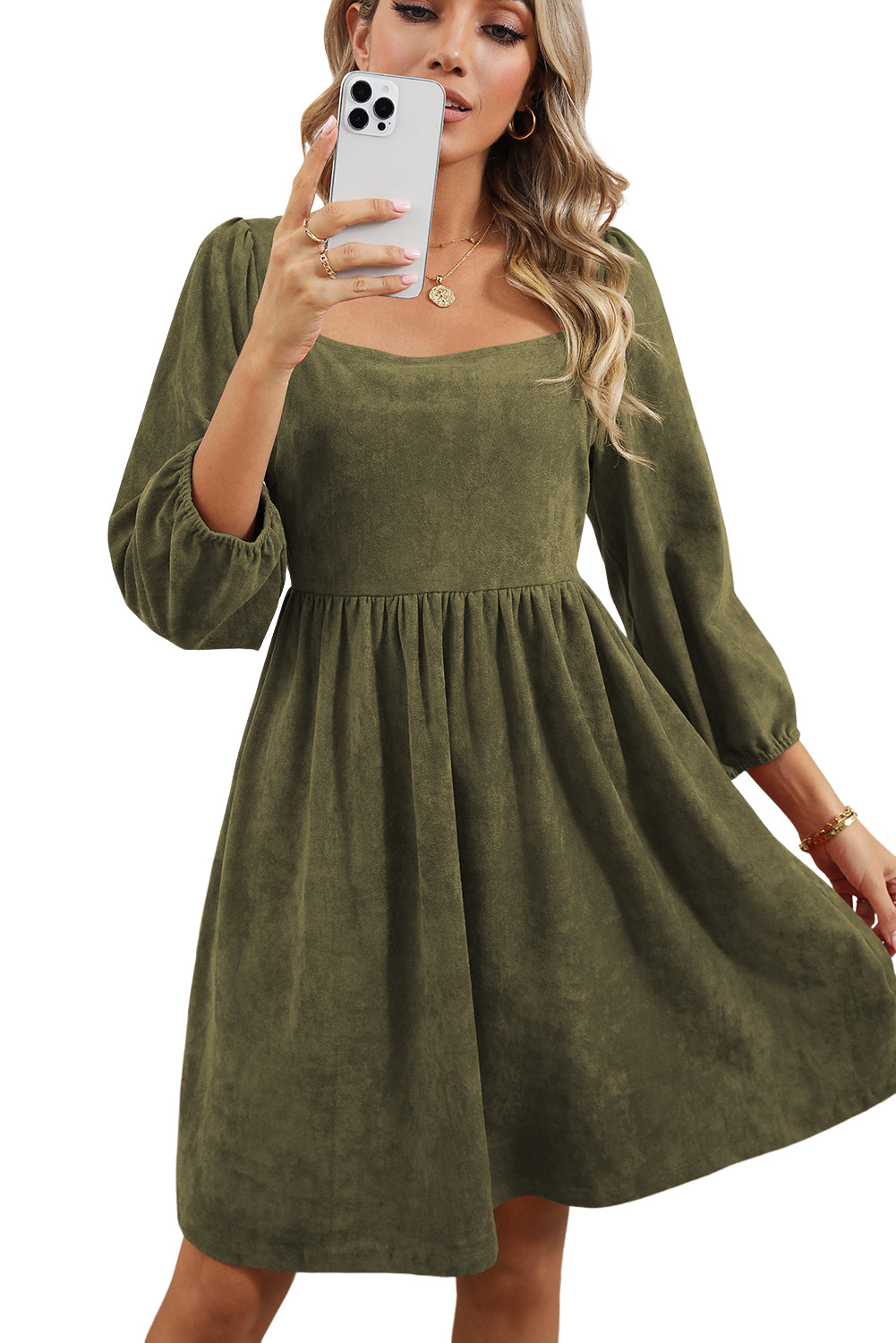 Green Washed Square Neck High Waist Flared Short Dress